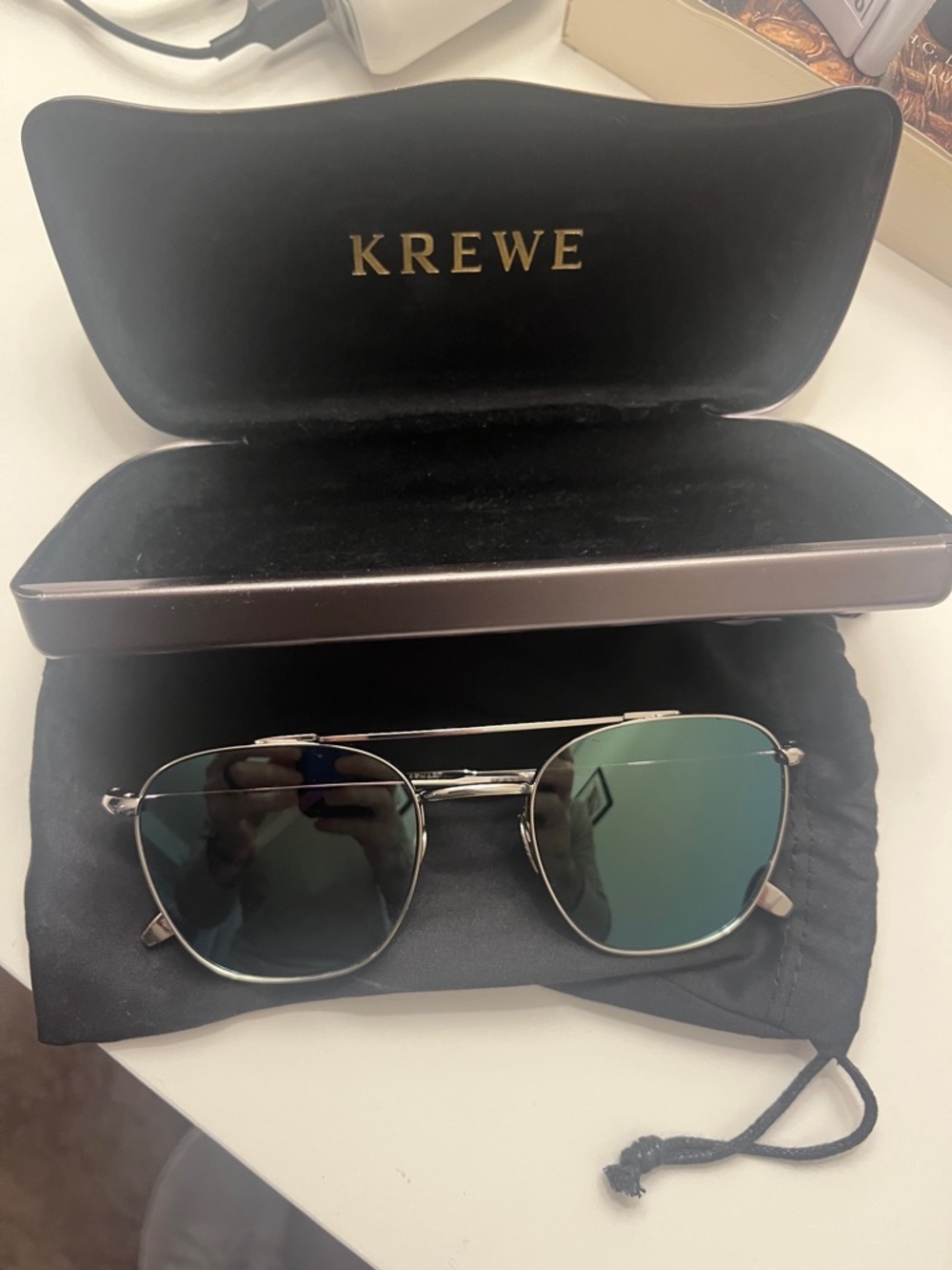 KREWE Earhart Silver Frame Sunglasses with Green Lenses